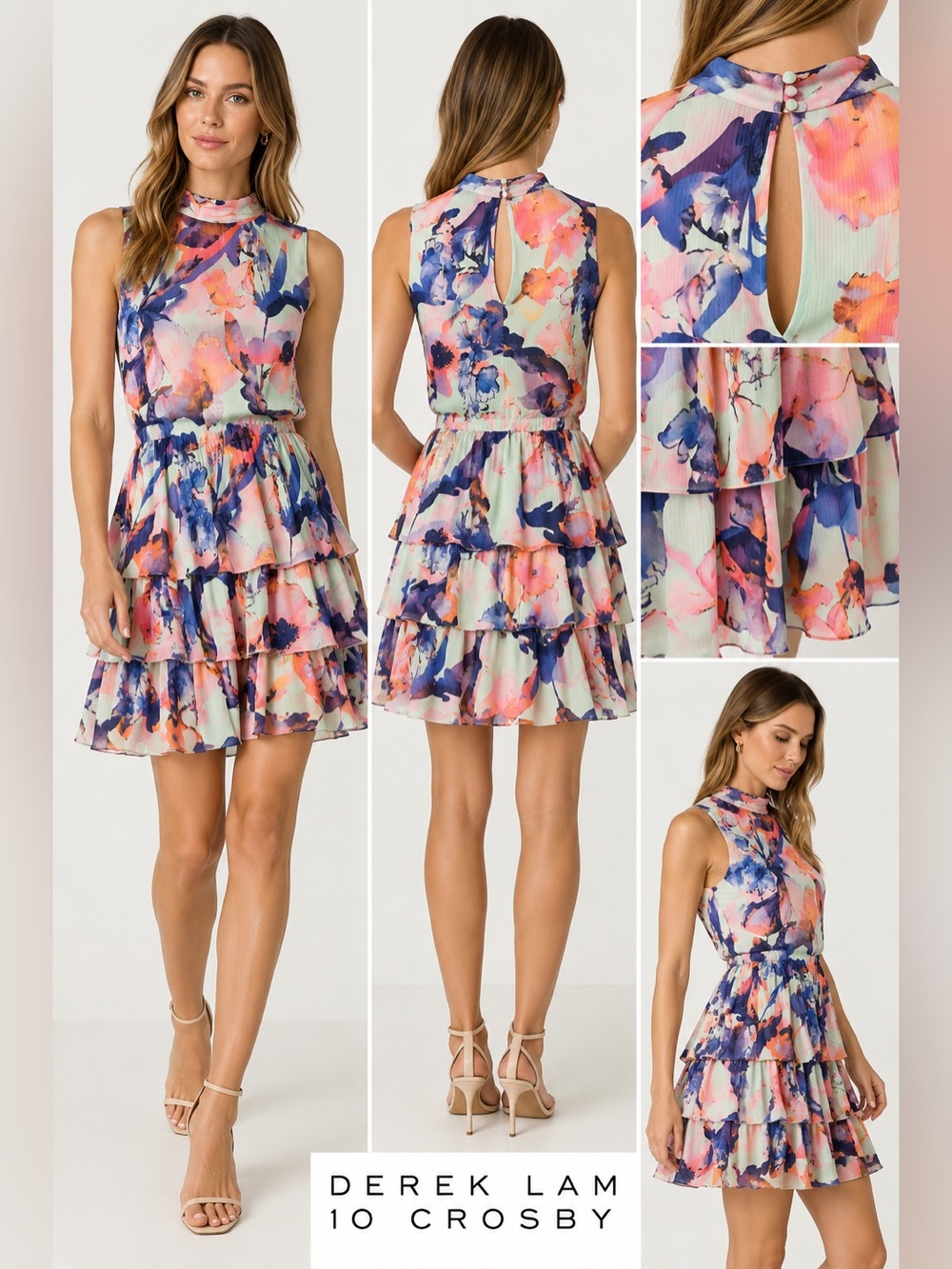 NWT Derek Lam 10 Crosby Seafoam Floral Tiered Dress Size 8